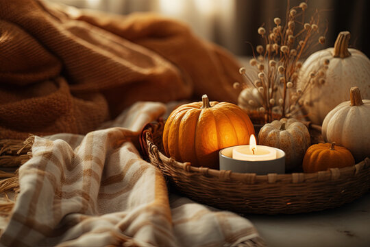 Autumn still life with pumpkins and candle on rattan tray in bedroom. Generative AI