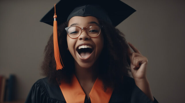 This image captures the happiness of an African American girl on her graduation day, marking the successful completion of her school journey.