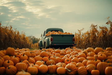 Pickup Truck with pumpkins in the field. Harvesting. Generative AI - obrazy, fototapety, plakaty