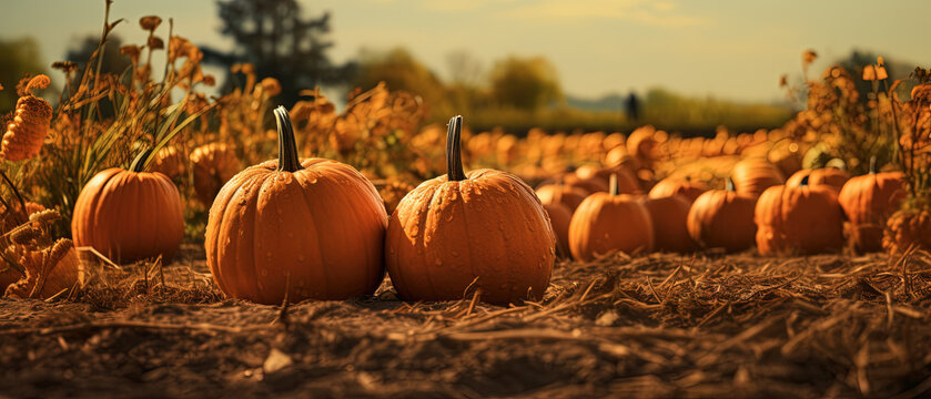 Pumpkin patch in autumn. Generative AI