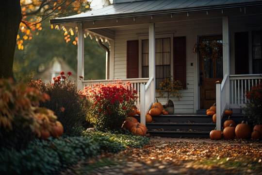 Autumn decorated house entrance with pumpkins and flowers. Generative AI