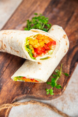 tortilla wrap vegetable tacos vegetarian food burrito veganfajita shawarma vegetables pita healthy meal food snack on the table copy space food background rustic top view 