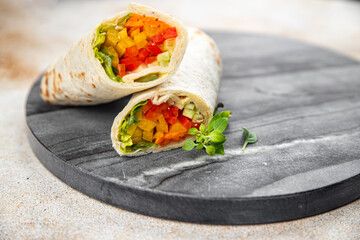 tortilla wrap vegetable tacos vegetarian food burrito veganfajita shawarma vegetables pita healthy meal food snack on the table copy space food background rustic top view 