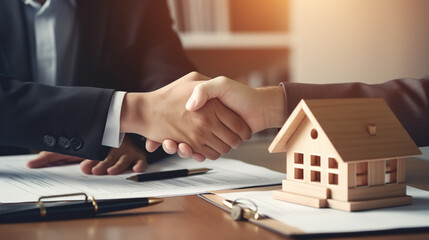 Fototapeta na wymiar In front of a residential house, a businessman and a customer share a handshake, marking the successful signing of a house contract in the realm of real estate.
