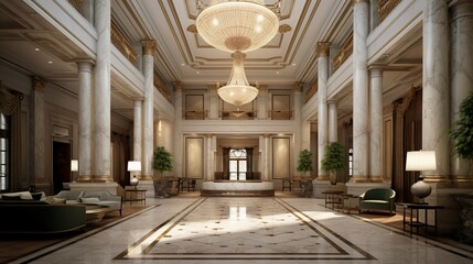 Obraz premium A luxurious hotel lobby featuring a grand marble reception desk
