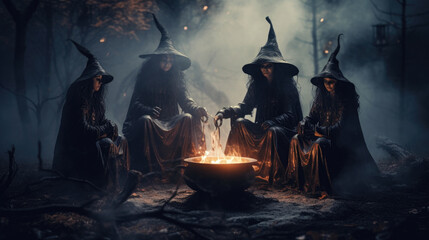 Witches Gathered Around the Cauldron - obrazy, fototapety, plakaty