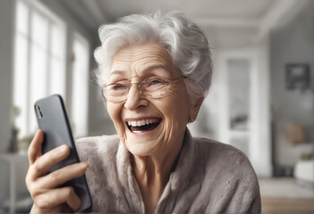 Older Lady's Pleasure enjoying Social Media & Smartphone Gaming. Senior Woman's Joyful Experience. Aged Woman's Amusement. Joyful Joyful Elderly Woman. Generative AI, illustration