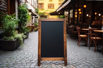 Mockup, advertising billboard near a cozy European restaurant or cafe. Cafe menu or pointer board for writing information to guests. AI generated