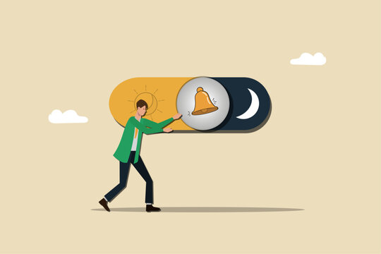 turn on-off subscription bell, paradigm shift or change to be better status, start or begin business, businessman push setting button switch to off position