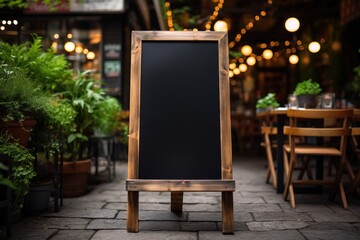 Mockup, advertising billboard near a cozy European restaurant or cafe. Cafe menu or pointer board for writing information to guests. AI generated