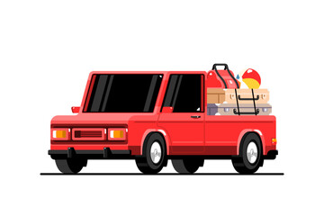 Pickup truck with bag, suitcase on isolated background, Vector illustration.