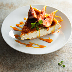 cheesecake slice sweet fig fruit cake dessert meal food snack on the table copy space food background rustic top view