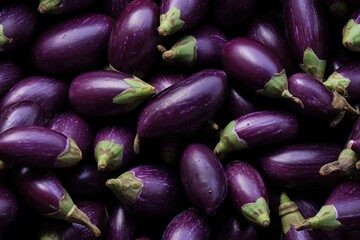Close up of fresh eggplants, top view, seamless pattern. Generative Ai
