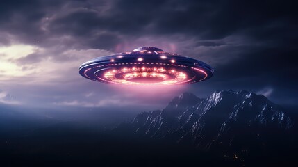 Fototapeta na wymiar Image of an illuminated UFO spaceship hovering over a mountainous landscape