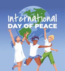 Poster for Peace Day: three children in white clothes jumping on the background of a large globe. Vector flat illustration
