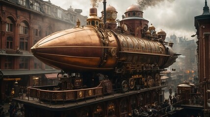 Steampunk Cityscape: Create a bustling steampunk city with intricate clockwork skyscrapers, steam-powered airships, and cog-filled alleyways. - obrazy, fototapety, plakaty