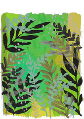 Background with leaves, Painting of plants, Green Guache Painting