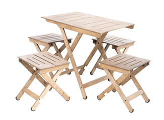 Wooden folding table and chair. On a white background