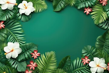 Fototapeta na wymiar Tropical leaves and flowers on green background. Vector illustration