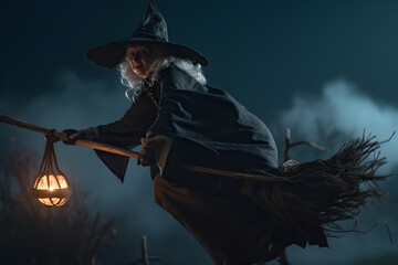 An old and ugly witch with an evil flying fast on a broom outside at night while there is a full moon. Halloween theme, cinematic lighting. Generative AI - obrazy, fototapety, plakaty