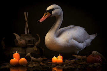 Naklejka premium Spooky portrait of a swan in a Halloween setup in studio, dramatic lighting. Created with generative AI