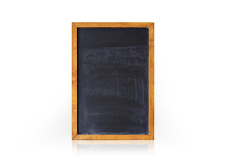 Isolated chalkboard picture frame. Well used black chalkboard in wood frame and reflection. Grunge texture. Used for restaurant menu, in school or education. Transparent.