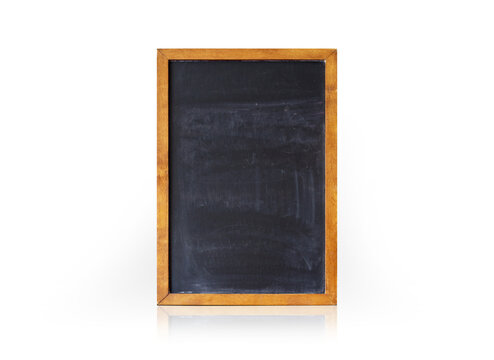 Isolated chalkboard picture frame. Well used black chalkboard in wood frame and reflection. Grunge texture. Used for restaurant menu, in school or education. Transparent.