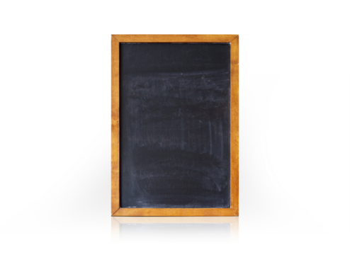 Isolated chalkboard picture frame. Well used black chalkboard in wood frame and reflection. Grunge texture. Used for restaurant menu, in school or education. Transparent.