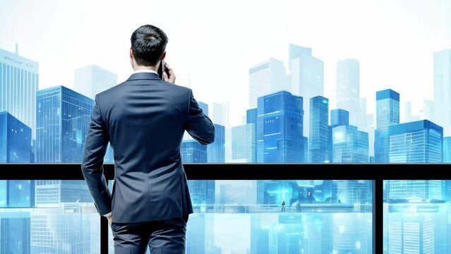 Business man overlooking city skyline background from office 