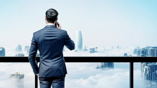 Business man overlooking city skyline background from office 