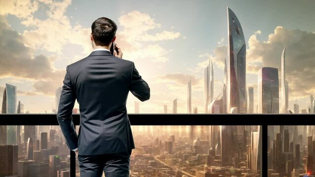 Business man overlooking city skyline background from office 