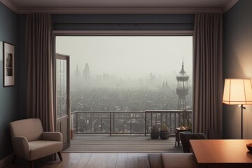 Fragment of living room with table and stylish decor elements overlooking balcony with an open door with coffee table and a chair with orange juice on the background of park with an autumn landscape