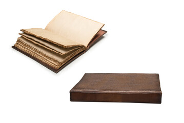 An open empty old notebook isolated on a white background.