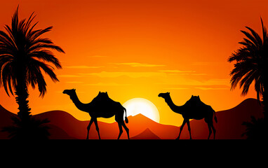 Camels in the desert at sunset. Silhouette art style design. Generative Ai illustration