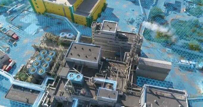 Drone shot of a modern futuristic factory. Modern factory aerial view. The concept of a modern factory. Factory concept visualization aerial view