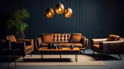 Luxurious Living Spacious Modern Interior Design with Leather Sofas and Chairs Against Dark Classic Wall. created with Generative AI