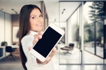 Fototapeta premium Beautiful young woman holding blank screen smartphone, AI generated image