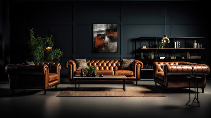 Luxurious Living Spacious Modern Interior Design with Leather Sofas and Chairs Against Dark Classic Wall. created with Generative AI