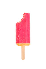 Ice cream on a stick with a bite mark isolated. PNG Ice cream or fruit ice isolated on a transparent background. Yellow, orange and red ice cream on a stick. Vertical ice cream banner.