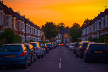 Sunset at a street of terraced houses around West Hampstead in London, England