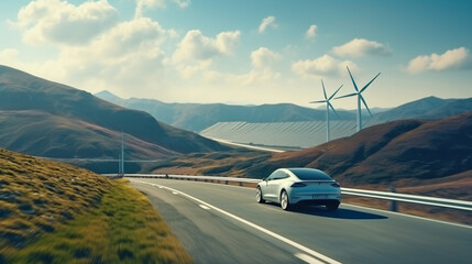 Fototapeta Car drives along a mountain road against the backdrop of wind turbines. Alternative energy for the car. An electric car against the backdrop of wind turbine farms obraz