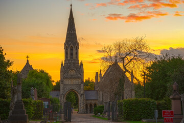 Sunset at Hampstead cemetery in London, England