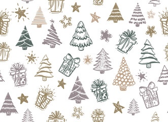 Christmas tree, New Year set, hand drawn illustrations. Vector.	
