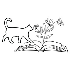 Open book, cat and wildflowers, cat on book, on isolated background, book table with flowers and butterflies, cat and floral design.