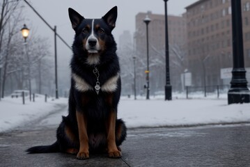 Concept of pet looks like person. Homeless Pets in winter. Dog sitting in snow in park or city street. Night, evening, snow, cold weather, streetlights on background . Generative AI