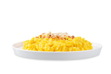 Pumpkin risotto with fried bacon on a white isolated background