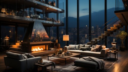 Luxurious living room in loft villa, apartment and penthouse