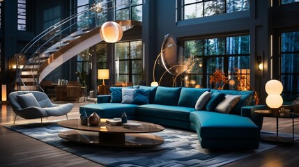 Luxury modern interior of living room, blue room decor concept