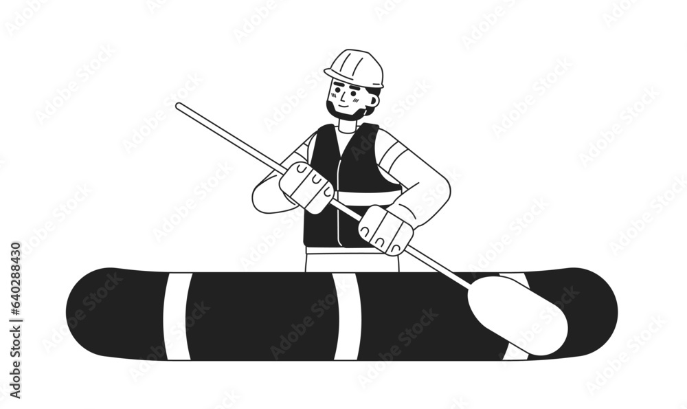Poster man on inflatable boat rowing monochrome concept vector spot illustration. rescue operation. lifegua