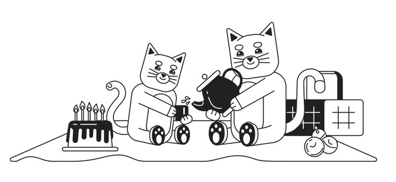 Cats on picnic monochrome concept vector spot illustration. Drinking tea. Celebrating birthday. Pets on blanket 2D flat bw cartoon characters for web UI design. Isolated editable hand drawn hero image